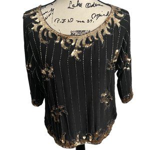 VTG Argenti Womens Black Party Top Size Medium Silk Beaded Sequined Vintage 80s